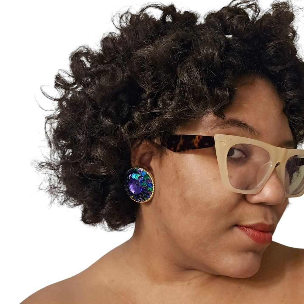 Large/Chunky Round Multicolored Sequin & Rhinestone Clip-On Earrings | 1980s